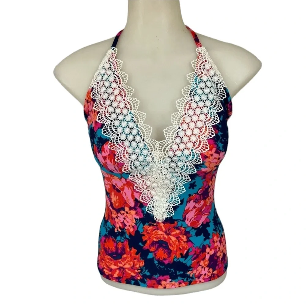 SEA ANGEL Swim Top Tankini Floral Cream Lace Detail Lightly Padded Size …